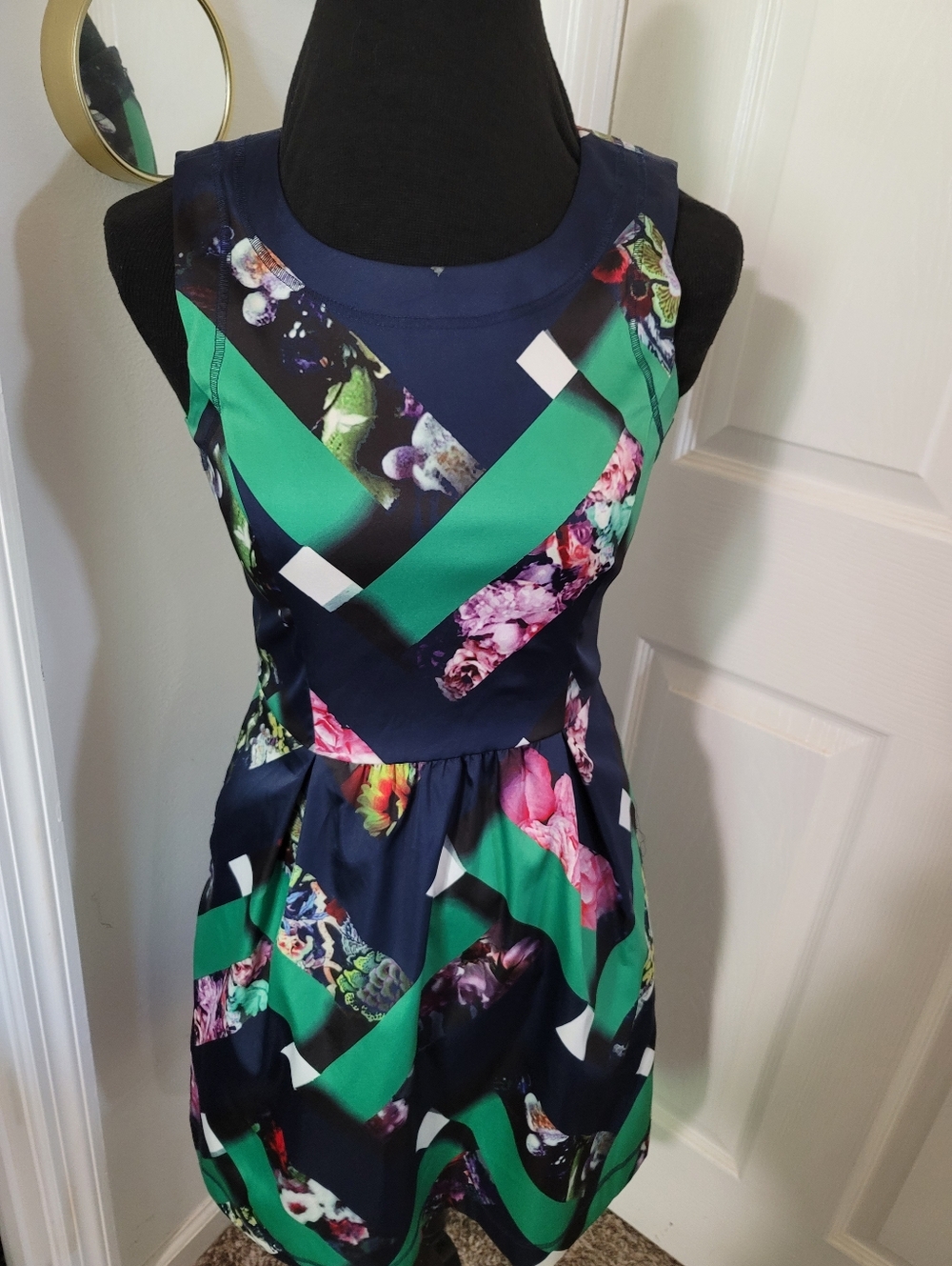 Cynthia Sleeveless Green & Navy Floral Fit-and-Flare Dress Colorful